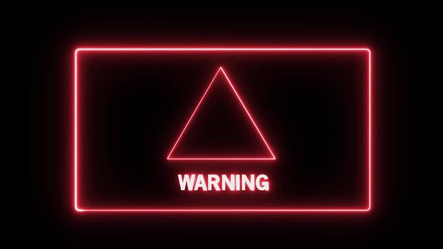 Animated red neon warning sign with glowing exclamation mark triangle symbol and digital border frame for industrial safety alerts, emergency notifications, and cybersecurity system error interface