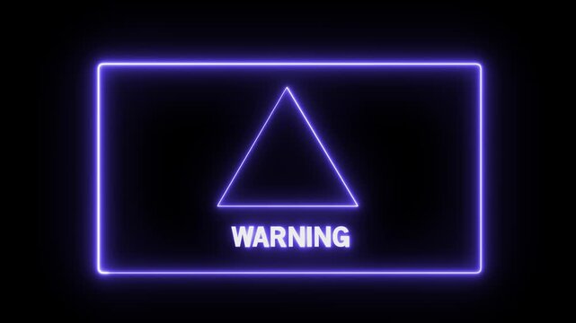 Neon purple warning sign with glowing exclamation mark triangle and text alert for digital security, cyber safety, system error notifications, and high-tech industrial hazard motion display