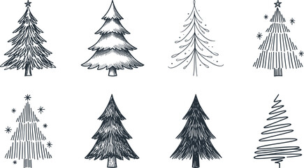 Obraz premium Hand Drawn Vintage Christmas Tree Collection featuring Engraved Sketch Styles, Abstract Line Art, and Textured Woodland Pine Elements for Festive Winter Holiday Designs