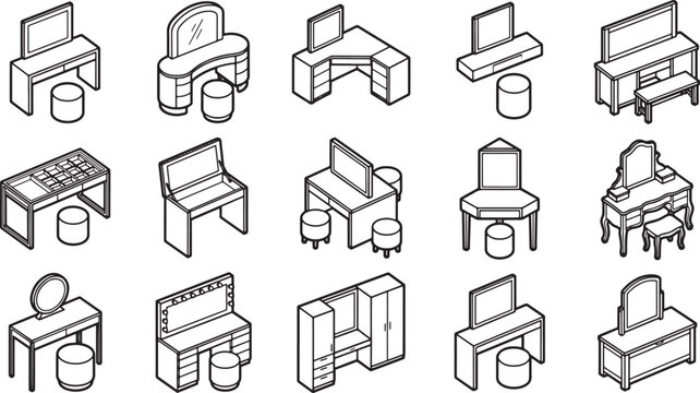 Set of isometric vanity table icons with mirrors and stools for bedroom interior design vector illustration