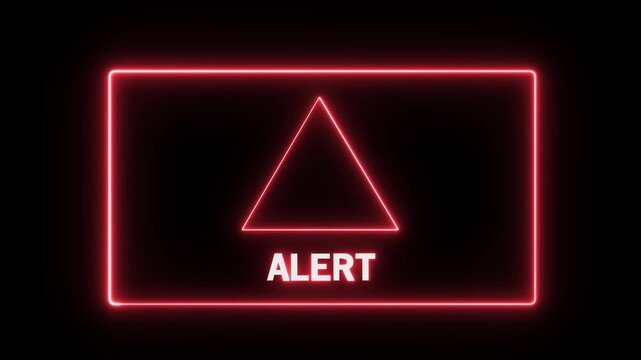 Glowing red neon alert sign with exclamation mark symbol inside a triangular warning digital cyber security notification for emergency broadcasts, system error messages, and safety warnings