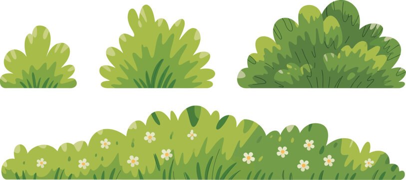 Versatile green bush vector pack for game design and landscape borders featuring bushes in various sizes and styles with flower and grass assets in a flat cartoon style for 2D environments.