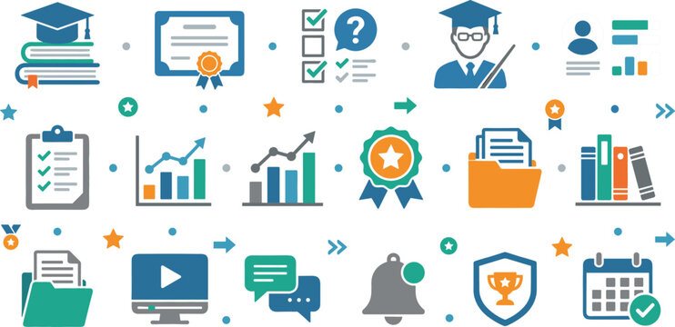 Online Learning Management System Icon Collection Featuring Course Catalog Analytics Certificates Student Progress and Educational Platform Vector