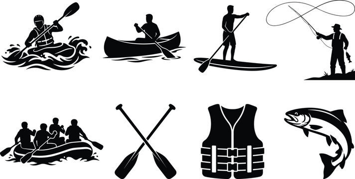 Water Sports and Fishing Silhouette Collection Featuring Kayaking, Canoeing, Paddleboarding, Rafting and Angling Vector Icons Set