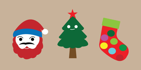 Fototapeta premium Festive set with cute santa claus face christmas tree and colorful polka dot socks icon.