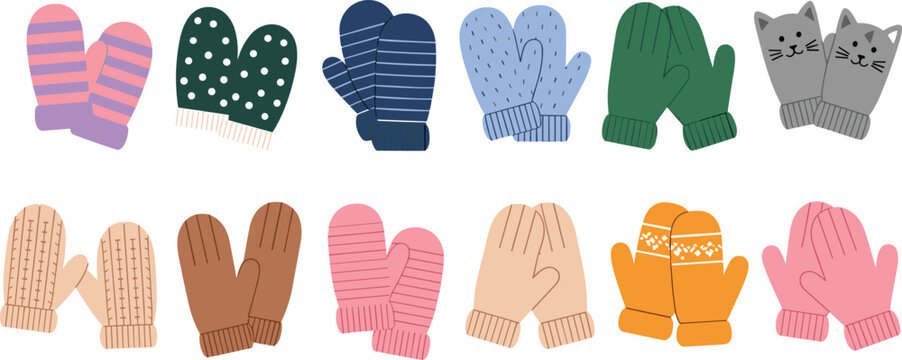 Cute winter mittens and gloves vector element set featuring colorful patterns knitted designs and cat faces isolated on white background