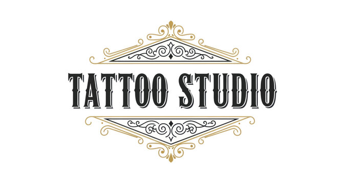 Vintage Tattoo Studio Logo with Ornate Decorative Frame Design.