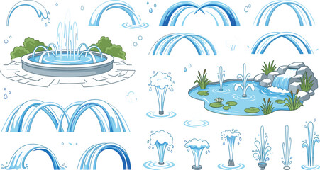 Decorative Water Fountain and Pond Collection Featuring Splash Jets Cascades Garden Water Features and Landscape Design Vector © MdRissalat