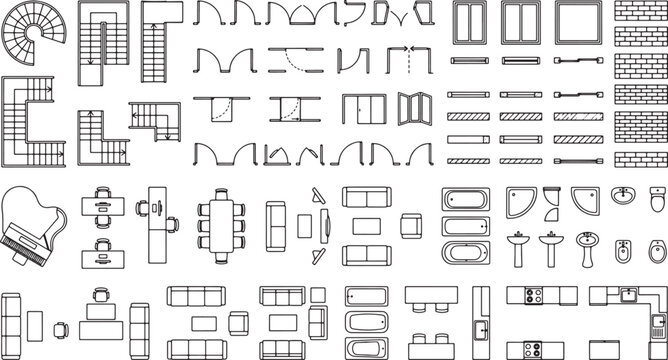 Architectural floor plan symbols set featuring furniture doors windows and stairs for interior design technical drawing