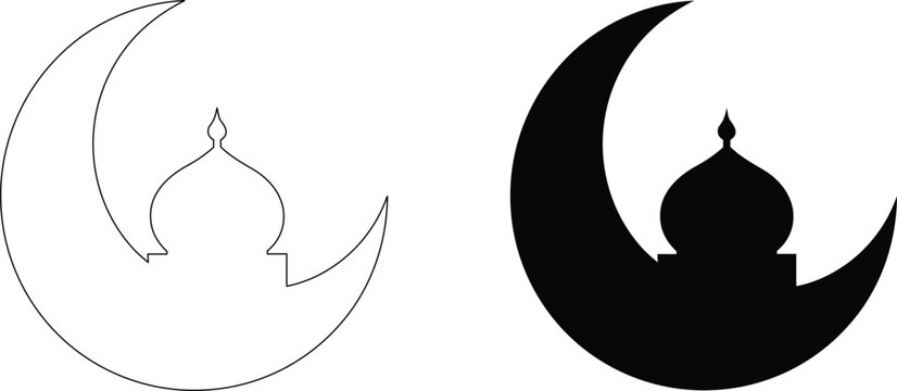 Crescent moon with mosque line vector icon isolated on transparent background. islam symbol or sign minimal concept.