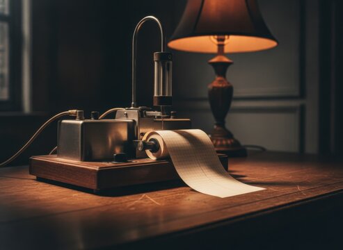 Vintage polygraph machine with blank chart paper on wooden desk