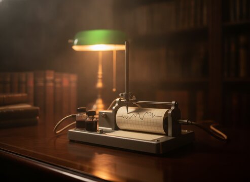 Vintage polygraph machine with blank chart paper on wooden desk