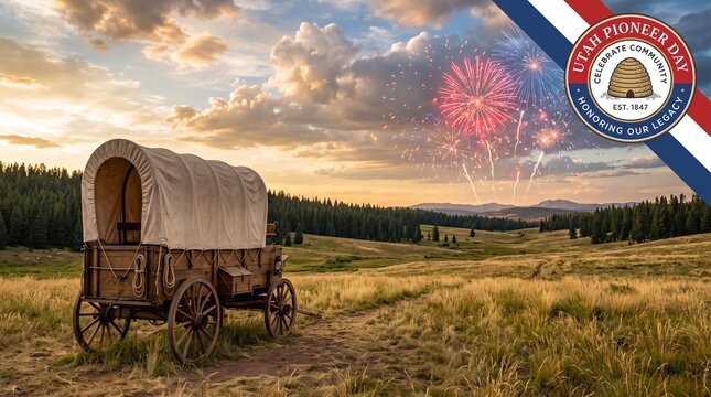 Vibrant Sunset Over Rustic Covered Wagon in Serene