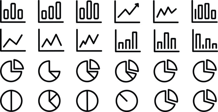 Business graph and chart icon vector set featuring various line charts bar graphs and pie charts isolated on white background