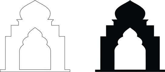 Islamic architectural arch outline and solid silhouette with dome shape on transparent background. © Rupasi