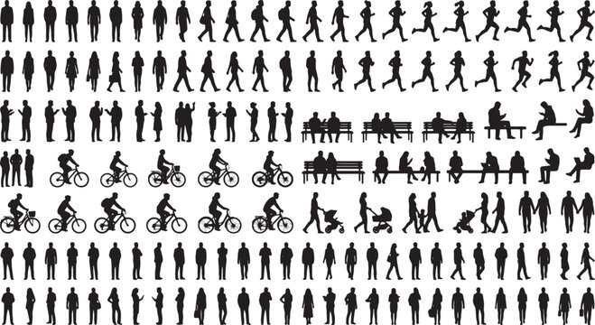 Set of diverse human silhouettes including walking running cycling and sitting people in black vector style
