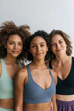 Three athletic women in sports bras group portrait for fitness banner and wellness background with diverse models for active lifestyle design
