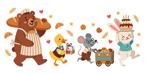 Fototapeta premium Cute cartoon animals as bakers or delivery characters holding pastries and cakes.