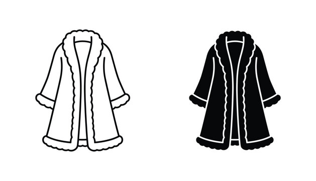 Fur coat vector icon isolated on white Black and white outline line art and solid glyph silhouette