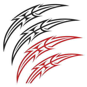 Elegant set of tribal tattoo designs with sleek, elongated lines and sharp details in classic black and vibrant red, ideal for various body placements and graphic applications.