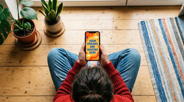 Modern phone mockup displaying app interface lifestyle scene with indoor plants and wooden floor