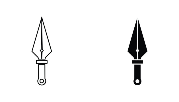 Kunai vector icon isolated on white Black and white outline line art and solid glyph silhouette