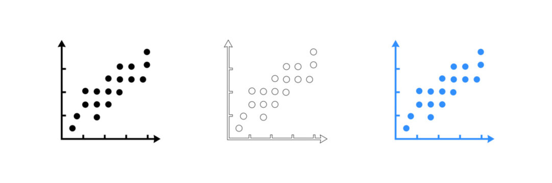 Three different scatter plot graphs with dots and arrows showing data trends isolated on transparent background, Vector