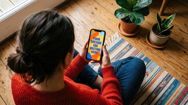 Realistic phone mockup woman using smartphone lifestyle presentation for app or website design