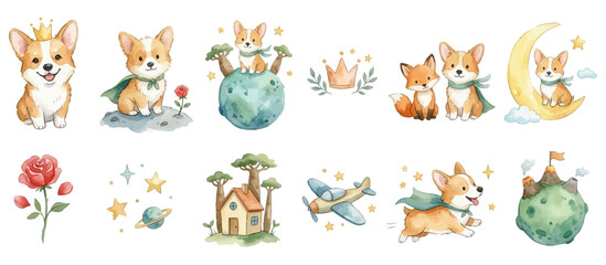 Obraz premium Whimsical watercolor corgi fairytale little prince inspired set. Collection of Vector illustrations for invitation, card, poster, banner, decoration