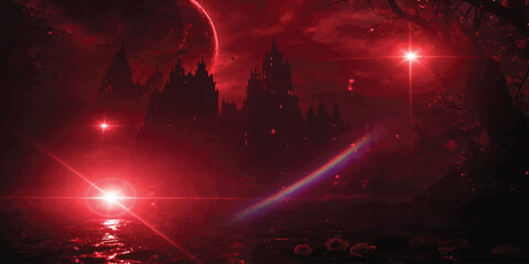 Mysterious dark castle at night with red glowing lights mysterious haunting silhouette building architecture atmosphere dramatic nighttime exterior landscape dazzling darkness luminous © KHADIZA