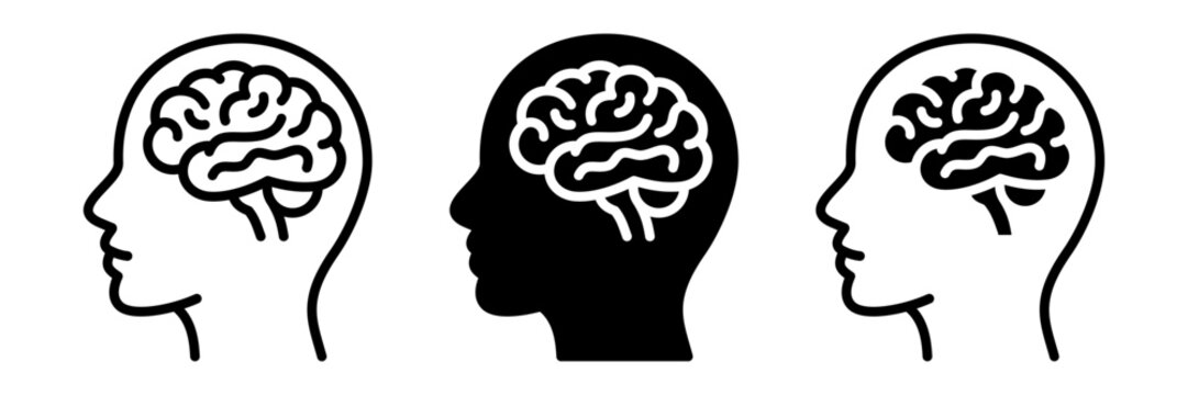 Brain inside human head icon set for psychology, neurology and cognitive science. Outline and solid pictograms for healthcare, education and information graphics.