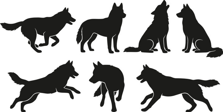 Black wolf silhouettes, dog icons, running and sitting poses, animal graphics