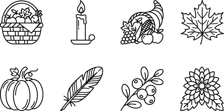 Autumn harvest outline icon set featuring pumpkin cornucopia maple leaf candle basket botanical and seasonal vector illustrations