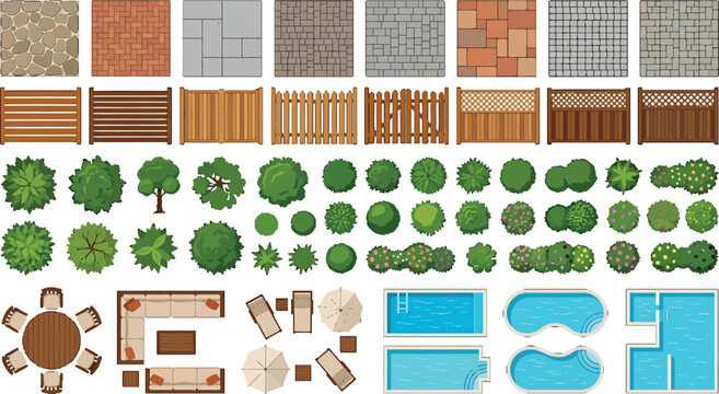 Top view landscape design elements set with paving textures fences trees swimming pools and outdoor furniture vector