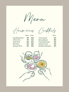 Elegant hand-drawn menu template featuring a whimsical line-art illustration of clinking cocktail and wine glasses. Perfect for restaurant, bar, cafe, wedding, or event drink menus.