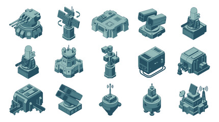Collection of futuristic military defense turrets and structures. © Ganti