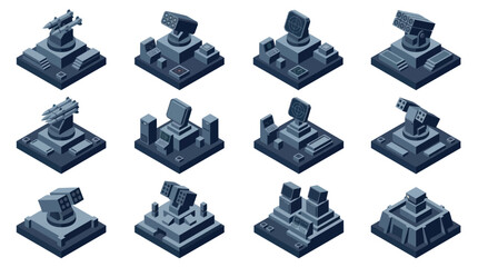 Collection of futuristic military defense turrets isometric view. © Ganti