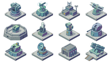 Collection of futuristic military defense turrets and structures. © Ganti