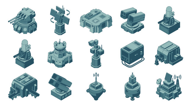 Collection of futuristic military defense turrets and structures.