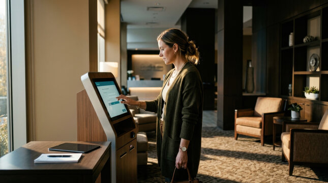 Woman Interacting With Modern Self Service Kiosk In A Stylish Lobby