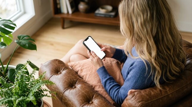 Modern phone mockup woman using smartphone on leather couch in cozy living room