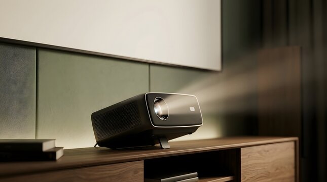 A sleek black home projector with an adjustable stand casting light onto a blank screen in a modern room.