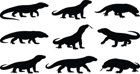 Obraz premium Dinosaur silhouettes, prehistoric animal icons, black vector illustrations, reptile graphics, 9 silhouette set