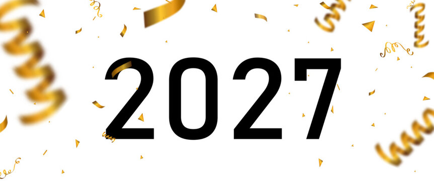 Luxury Gold Confetti and Curling Ribbon Frame with 2027 PNG on Transparent Background for New Year Celebration