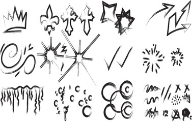 Fototapeta premium Extensive collection of hand-drawn design elements in black, including crowns, crosses, fleur-de-lis, stars, arrows, swirls, bursts, check marks, drips, circles, and various scribbles.