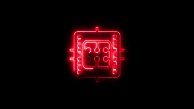 Red neon microchip on black background glowing circuit