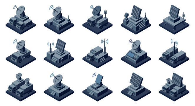 Collection of isometric communication towers and satellite dishes.