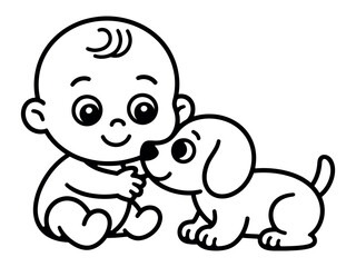 Line drawing of a baby playfully interacting with a puppy simple black and white illustration infant child toddler dog canine