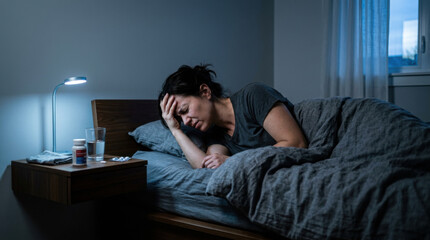 Fototapeta premium Woman Suffering From Insomnia And Headache At Night