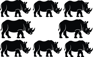 Rhinoceros silhouette collection in side view poses, wild African safari animals isolated on white background, detailed black rhino illustration set © MdAbdur